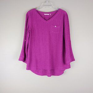 SOFT SURROUNDINGS| Fuchsia V Neck Pop Over Rolled Sleeve Linen Blend Blouse Sm